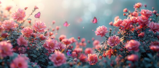 Fototapeta na wymiar Spring or summer fairytale floral wide banner with rose flowers blossoming on a blurred beautiful background toned in bright colors and shining sun beams.