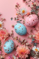 Obraz na płótnie Canvas Pink background with colorful eggs and spring flowers. Perfect for Easter or spring-themed designs