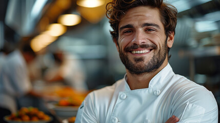 Obraz premium Portrait of a smiling male chef with cooked food standing in the kitchen.
