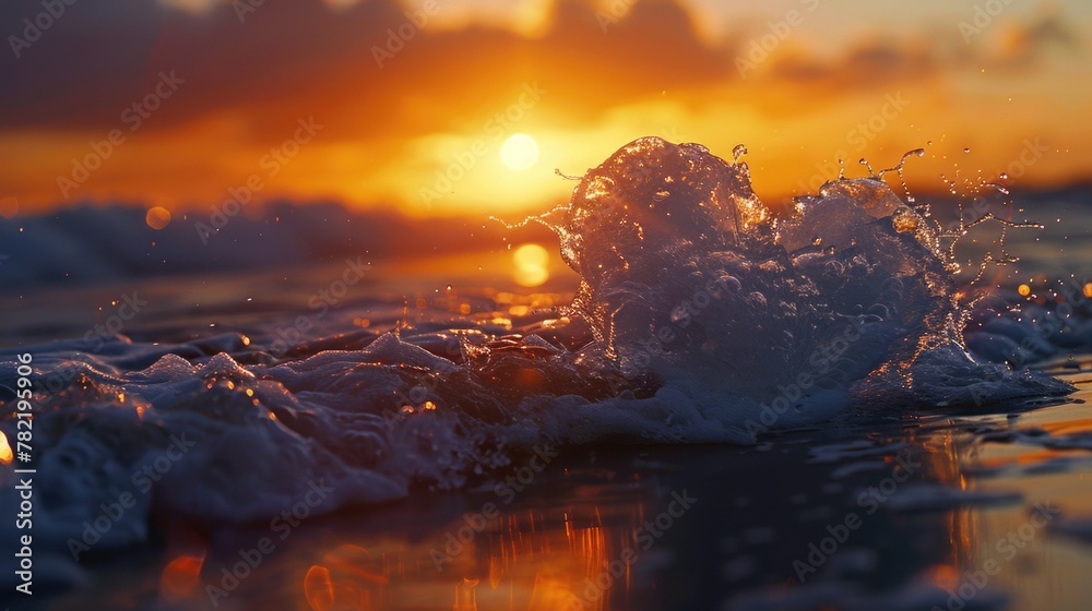 Poster a close-up view of a wave on a beach at sunset. perfect for travel and nature concepts