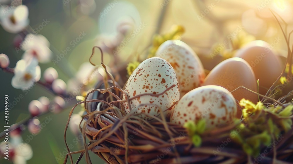 Poster close up of a bird's nest with eggs. suitable for nature and wildlife themes
