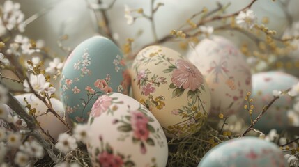 Colorful painted eggs resting on a nest. Ideal for Easter and spring-themed designs