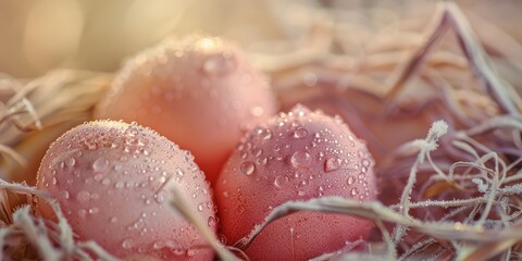 Close-up of three eggs in a nest with water droplets. Perfect for nature and wildlife themes