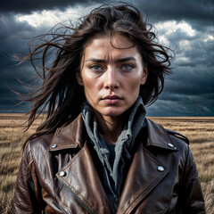 Woman wearing a leather jacket in inclement weather