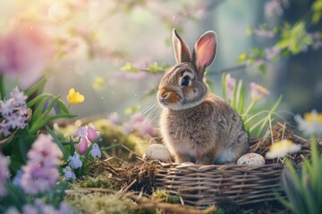 A cute rabbit sitting in a basket surrounded by colorful flowers. Ideal for spring or Easter themes