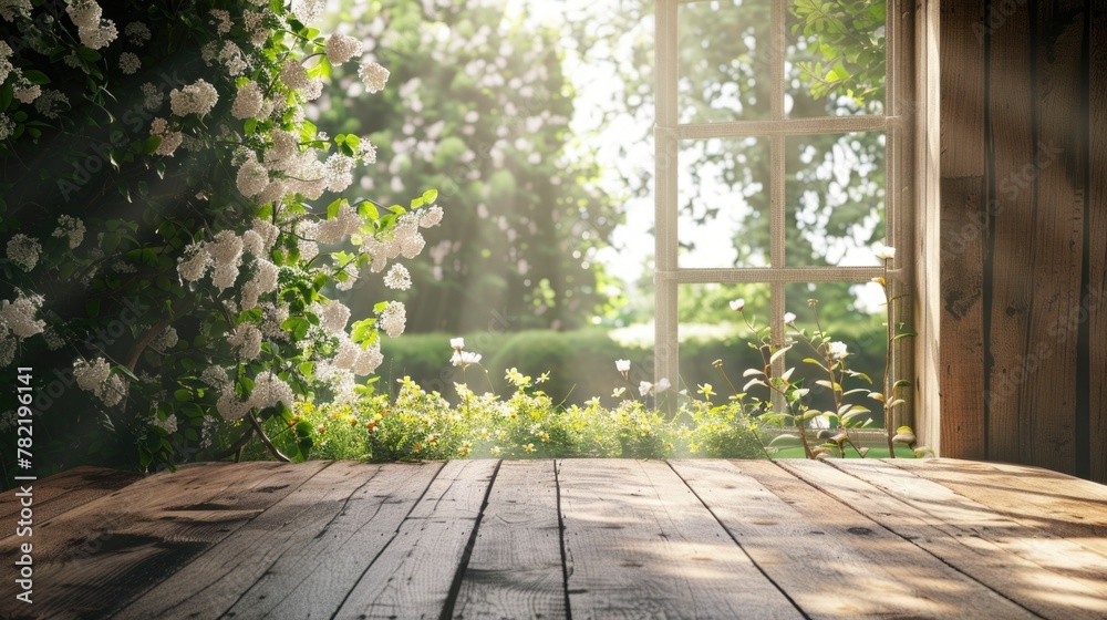 Poster A wooden table placed in front of an open window. Suitable for interior design concepts