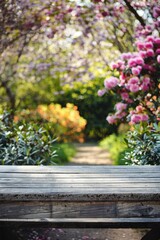 Wooden bench in a park with blooming flowers. Suitable for nature and relaxation concepts