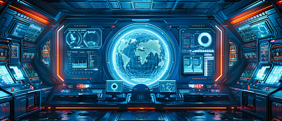 Advanced Futuristic Technology Interface, Digital Earth and Space Communication Concept, Holographic Blue Design