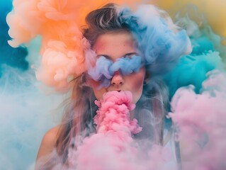 A beautiful girl in colored smoke 