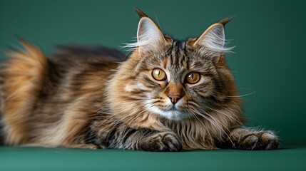On a simple, bright green background, a Siberian cat sits.