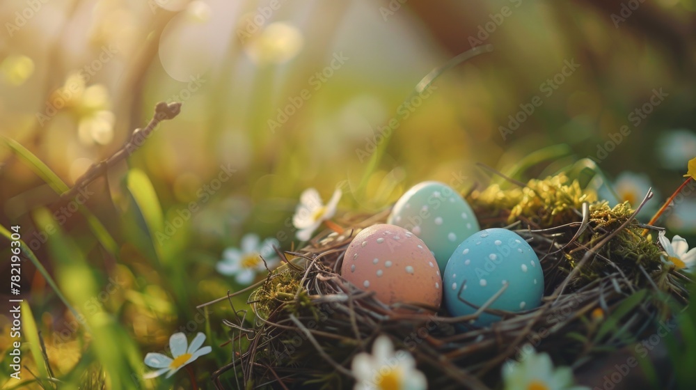 Poster nest with three eggs, perfect for nature concepts