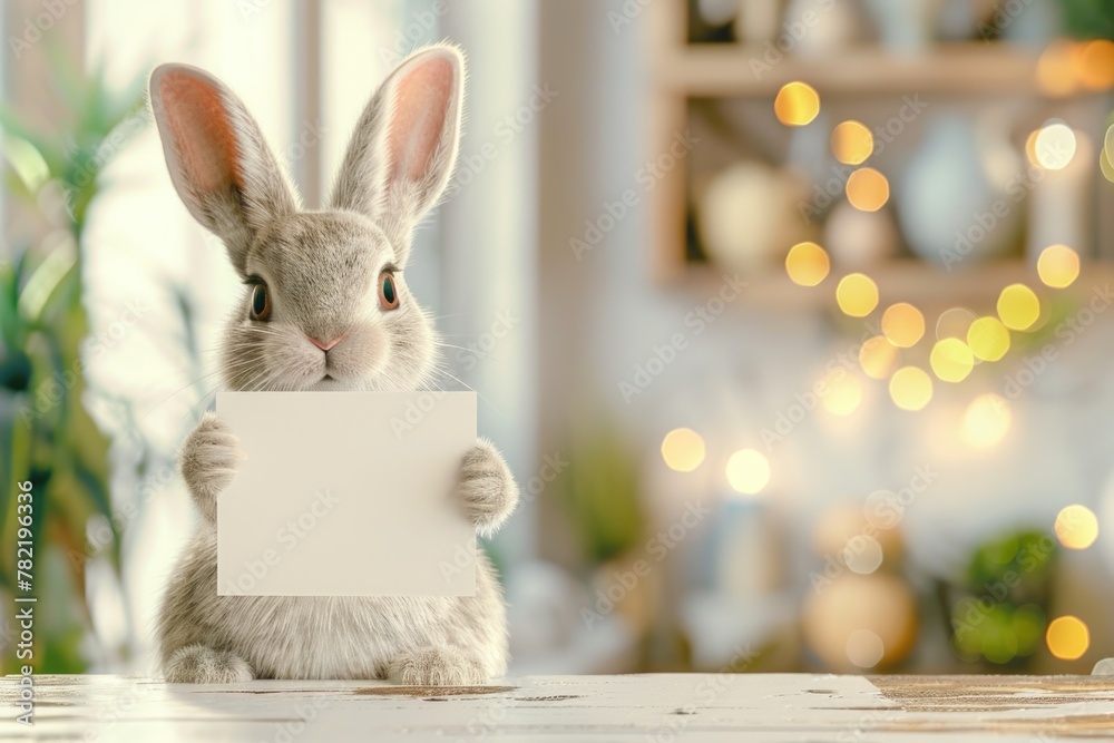 Poster a cute rabbit holding a piece of paper. suitable for various design projects