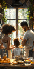 Schwarze Familie bereitet in einer Küche das Frühstück - obrazy, fototapety, plakaty