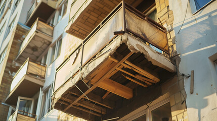 Obraz na płótnie Canvas Dilapidated Balcony on Urban Building Debris.