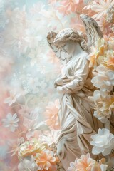 A serene angel statue surrounded by beautiful flowers. Ideal for memorial or spiritual themes