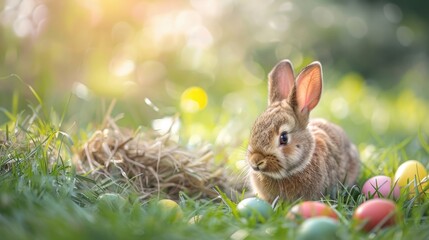 Fototapeta na wymiar A cute rabbit sitting in the grass with colorful Easter eggs. Perfect for Easter holiday designs