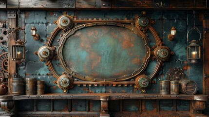 3D illustration of a steampunk Victorian frame with cogwheels