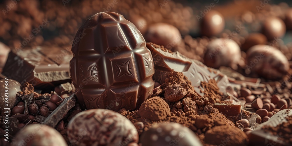 Poster a chocolate bar on top of a pile of chocolate. suitable for food and dessert concepts