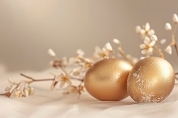 Fototapeta premium Two golden eggs on a white table, perfect for business concepts or financial themes