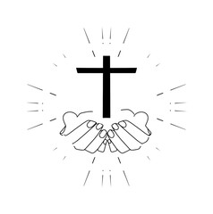 Hands holding Christian cross with faith  religion symbol .