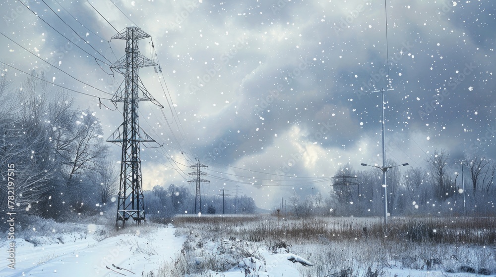 Poster a snowy field with power lines in the background. suitable for winter landscapes
