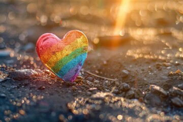 Fototapeta premium Colorful heart shape on sandy shore, suitable for love and relaxation concepts