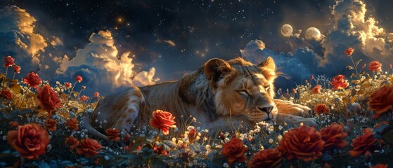 An African lioness and a moonlit night in a rose garden. Fantasy wildlife landscape banner. A proud, dreaming lion rests while gazing forward to the future. A spectacular, dramatic cloudy starry sky. - obrazy, fototapety, plakaty