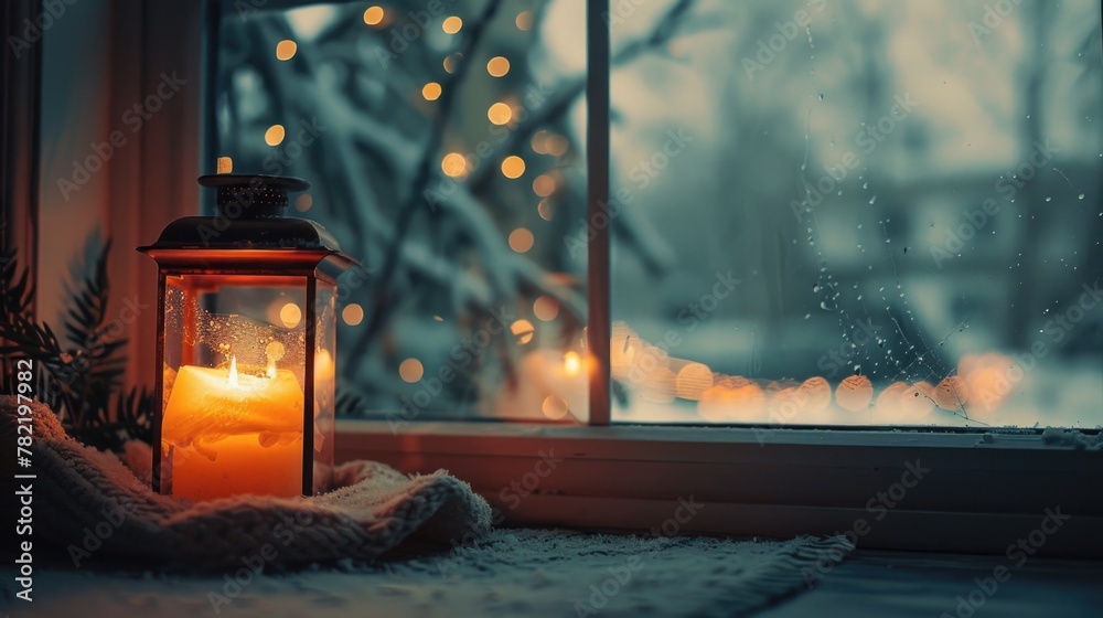 Poster a lit candle placed in front of a window. ideal for home decor concepts