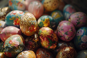 Colorful painted eggs displayed on a table, suitable for Easter themes