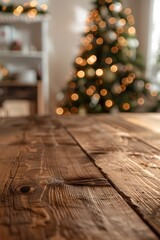 Fototapeta na wymiar Festive wooden table with a Christmas tree in the background. Perfect for holiday decorations