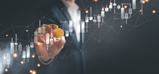 bitcoin crypto currency block chain, future business,Day trader buying selling currency and trading on the cryptocurrency exchange by computer and bitcoin graph, planning and manage profit investment