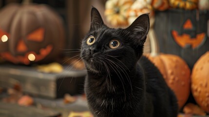 A black cat sitting in front of a pile of pumpkins, perfect for Halloween decorations