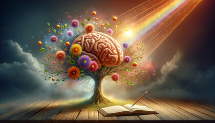Human brain tree with flowers. positive thinking, creative mind, self care and mental health concept.