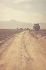Mystic journey: A serene dirt road leading through a hazy desert landscape