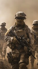 Military soldiers in formation on a dusty battlefield. Defense and armed forces concept