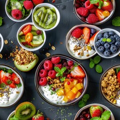 Fresh and healthy breakfast options on a table - obrazy, fototapety, plakaty