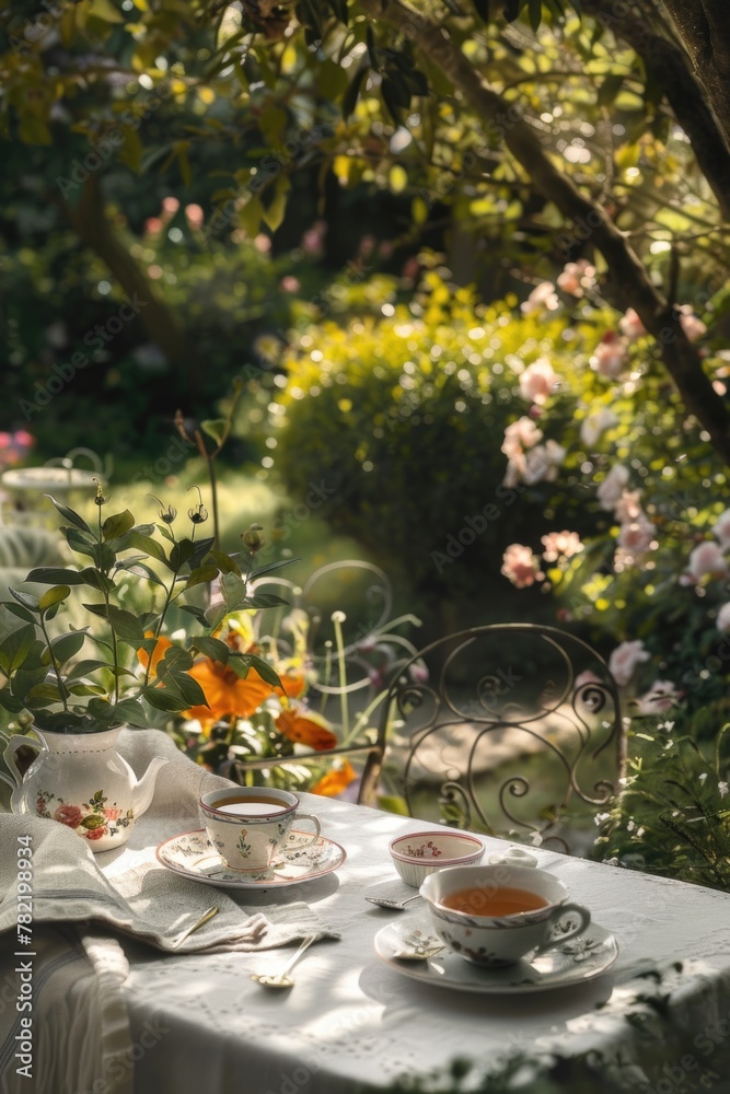 Aufkleber a simple and elegant display of tea cups and saucers on a table. perfect for tea party invitations