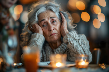 A senior woman with gray hair, experiencing a headache, at a family dinner table. 