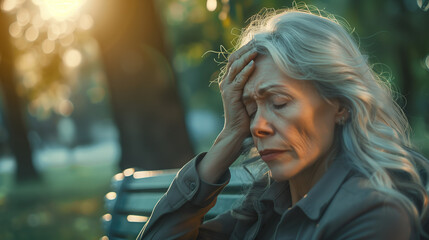 A senior woman with headache, clutching her forehead in pain, seated on a park bench. 
