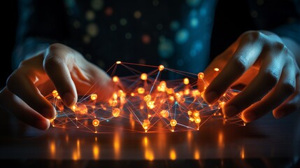 A hand hovering over a holographic network diagram, nodes and connections brightly lit, deep focus.
