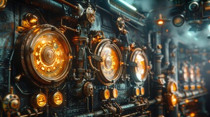 Detailed steam gauges and a steampunk background - 3D illustration