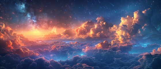 Fantasy fairy tale banner background of brilliant morning dawning blue cloudy sky with sparkling stars and mysterious clouds, clear air, tranquil idyllic harmonious beautiful environment.