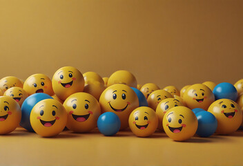 Group of happy yellow smiley faces balls emoji 3d illustration