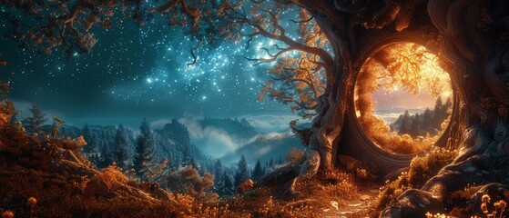 A magical window in a giant pine tree house in an enchanted forest. A deep blue night sky with sparkling stars and mysterious clouds in the background. - obrazy, fototapety, plakaty