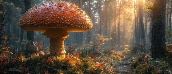 Magical enchanted fairy tale pine tree forest with giant giant mushroom and fairytale path leading to mysterious flare glow, magic trail goes through woodland to mystery glow