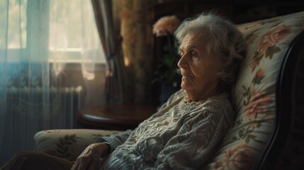 Elderly woman sitting in a chair, looking out the window. Suitable for various concepts and themes
