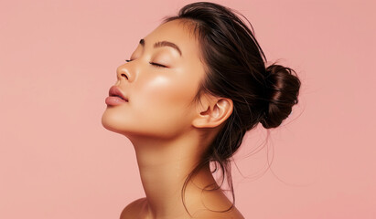 beautiful Asian woman with her eyes closed looking up slightly at the side of her head against a pink background - obrazy, fototapety, plakaty
