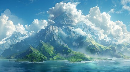 Island in the sea, mountains in the background. Concept art. Illustration. Video game digital CG...