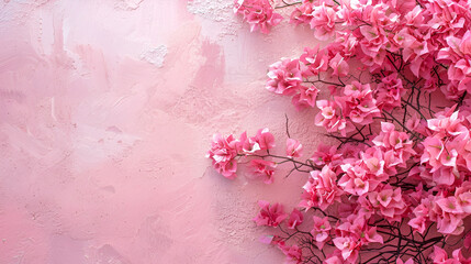 fondo floral de bugambilias flor rosa con fondo en textura pintada color rosa pastel contraste en diseños decoración estilo romántico y estético - obrazy, fototapety, plakaty