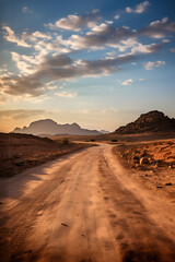 Fototapeta na wymiar Golden hour splendor: A serene journey down a desert road amidst nature's beauty